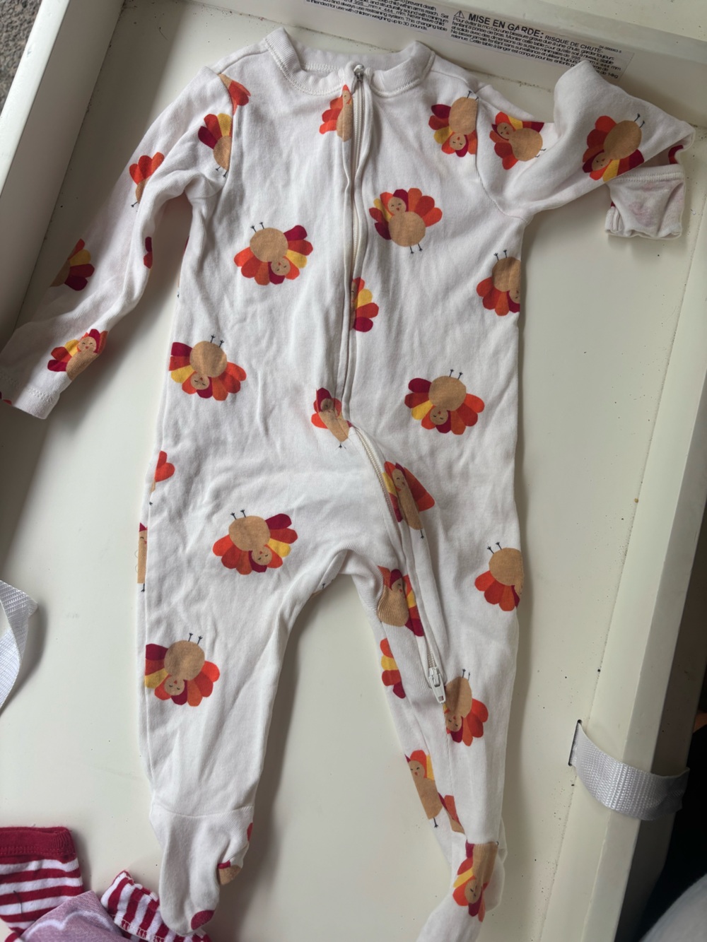 Old Navy White Footed Romper with Red Orange Yellow Turkey Print